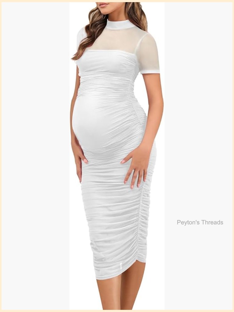 Maternity Mesh Bodycon Dress - Mock Neck - Back Zipper - Short Sleeve - Midi
